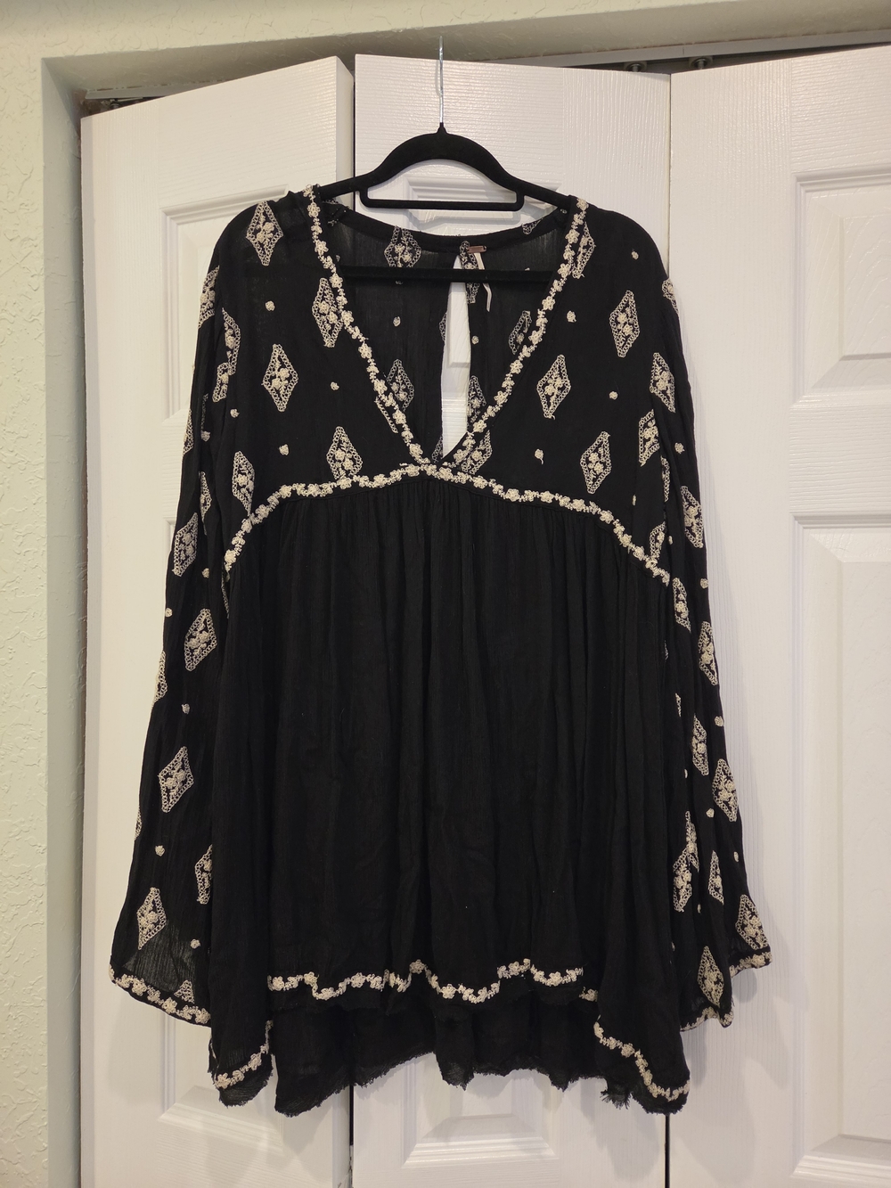 Free People Black Tunic with Cream Embroidery